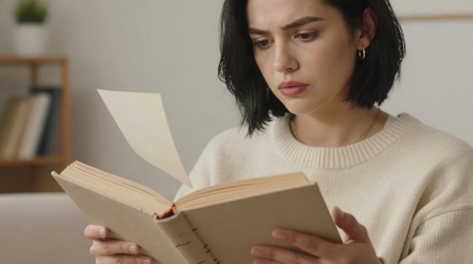 Женщина-ученый рассматривает книгу, страницы которой сшиты грубыми нитками и расходятся.