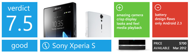 Однако, если вы ищете отличное универсальное устройство, я боюсь, что Xperia S не оправдает ваши надежды и что вам лучше выбрать аналогичное по цене устройство, такое как   Galaxy Nexus   ,